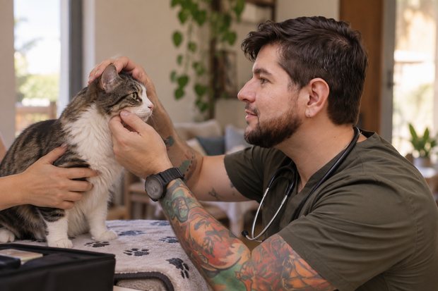 Veterinário durante atendimento domiciliar
